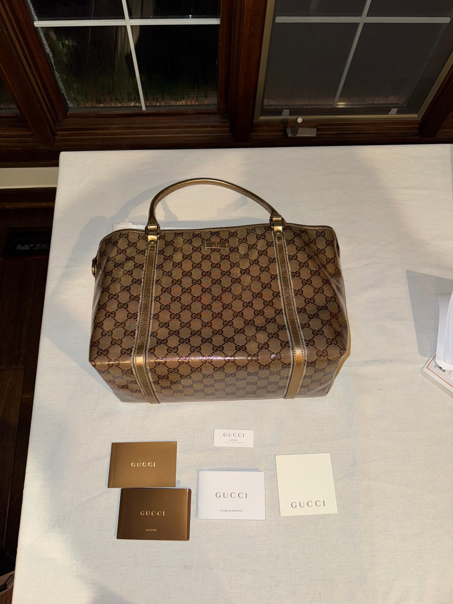 Gucci Joy Boston Tote in GG Monogram Canvas with Gold Leather Trim