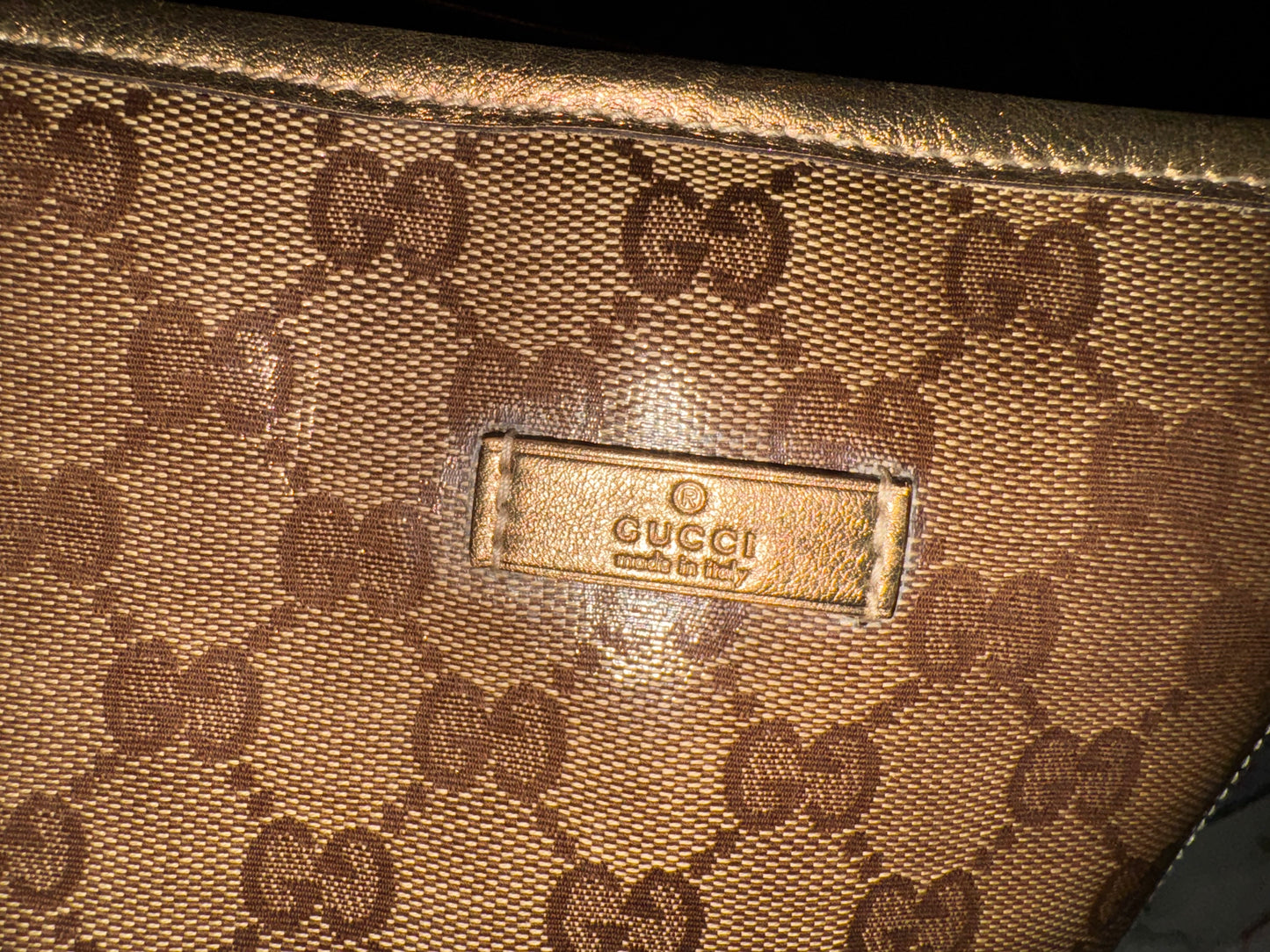 Gucci Joy Boston Tote in GG Monogram Canvas with Gold Leather Trim