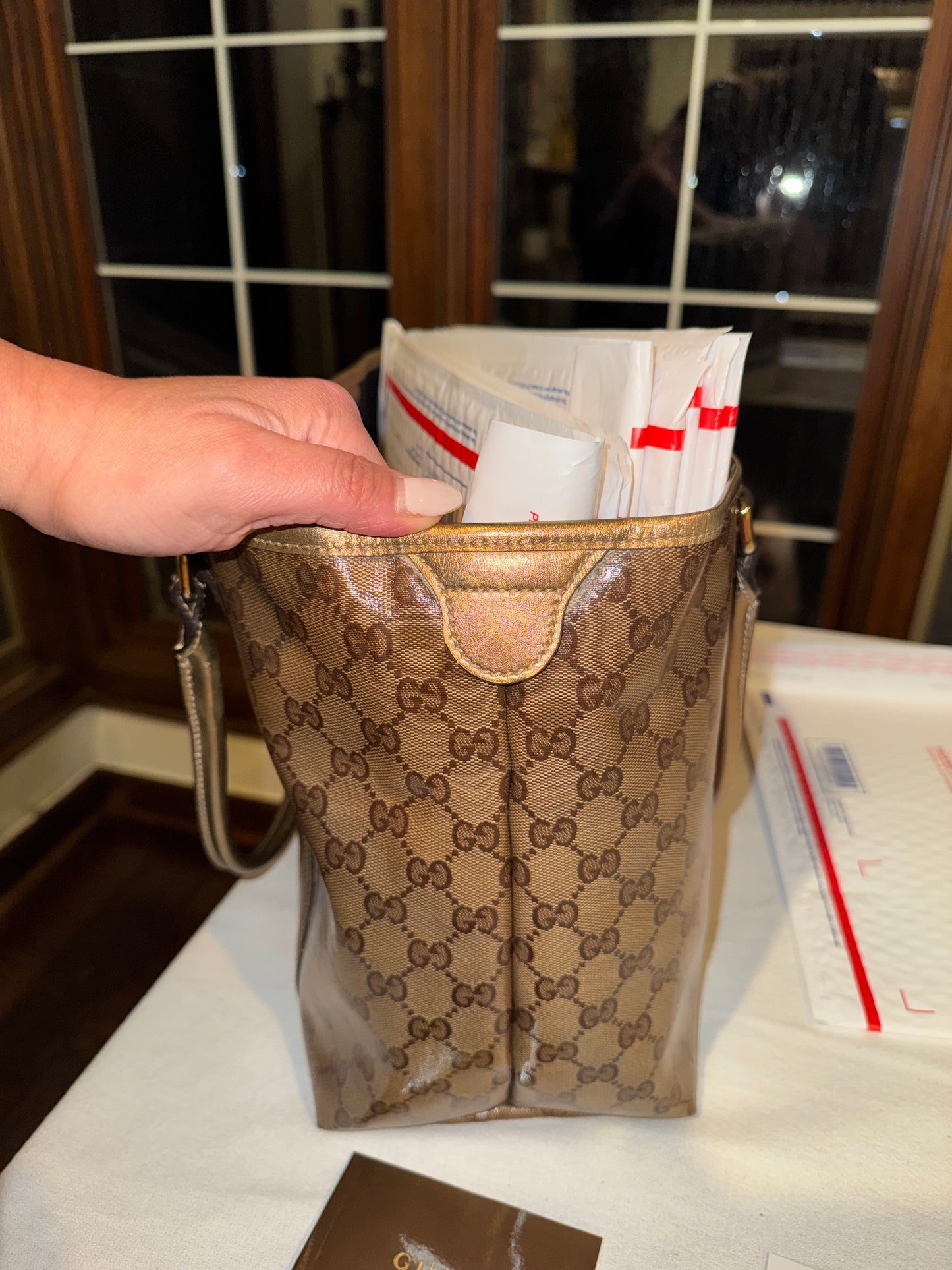 Gucci Joy Boston Tote in GG Monogram Canvas with Gold Leather Trim