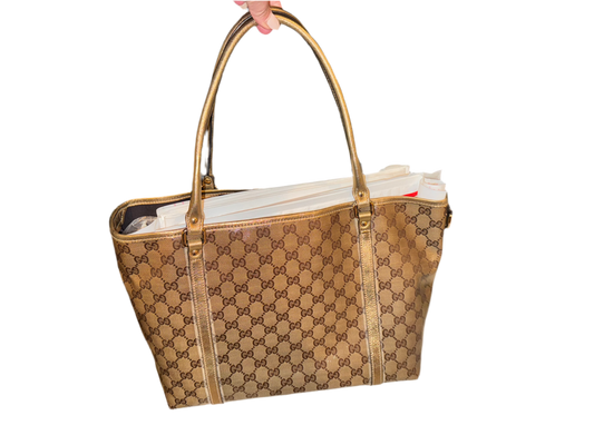Gucci Joy Boston Tote in GG Monogram Canvas with Gold Leather Trim
